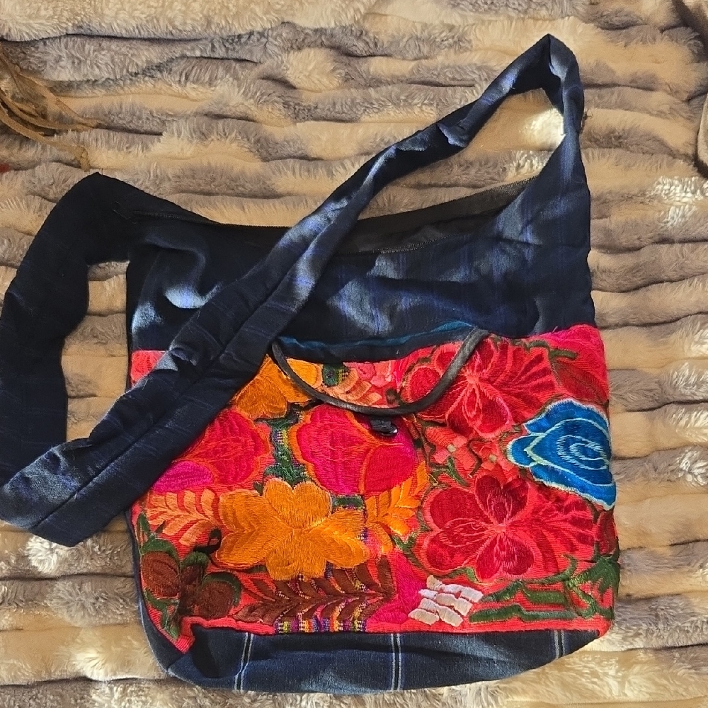 Floral Embroidered Blue and Multicolor Women's Bag